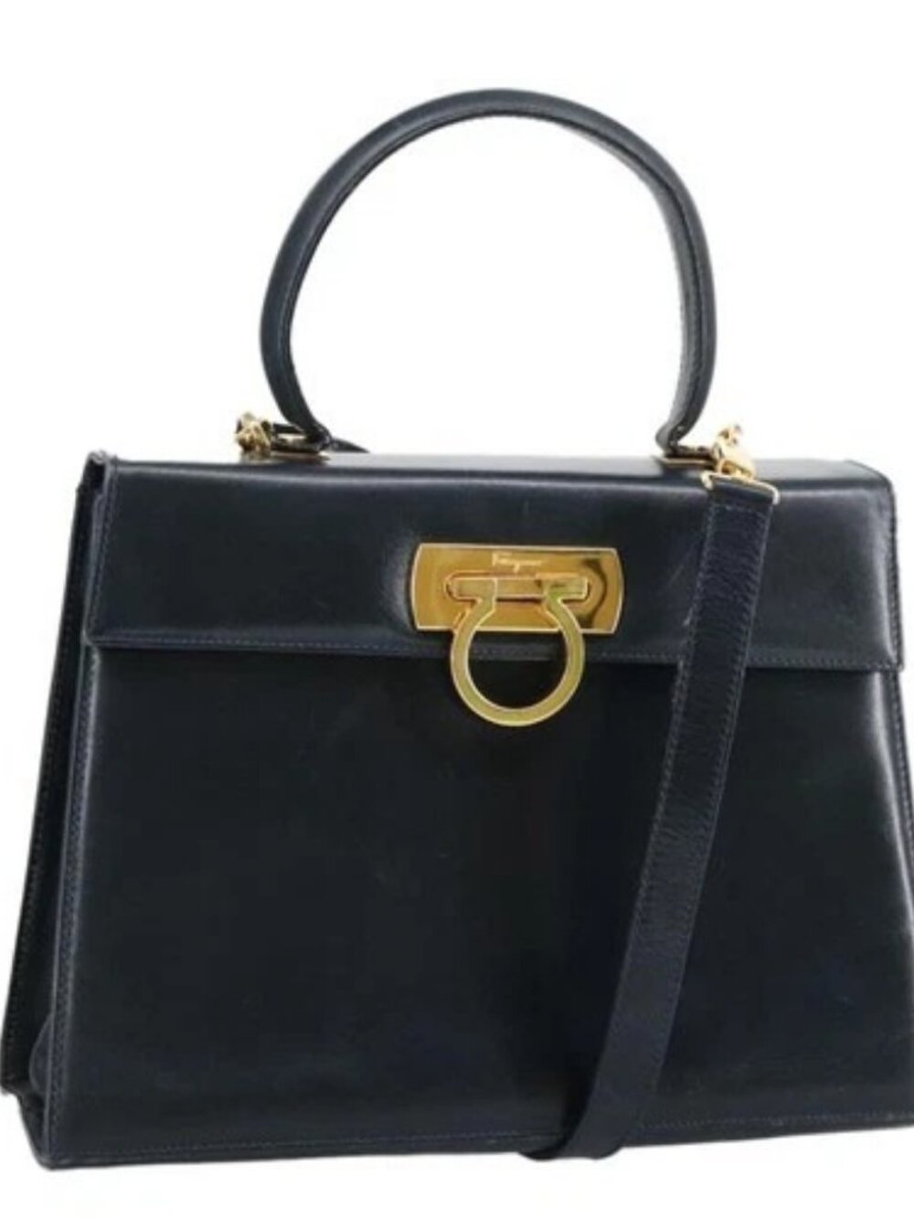Salvatore Ferragamo Gancini Hand Bag Leather 2way Navy Gold Auth 98125